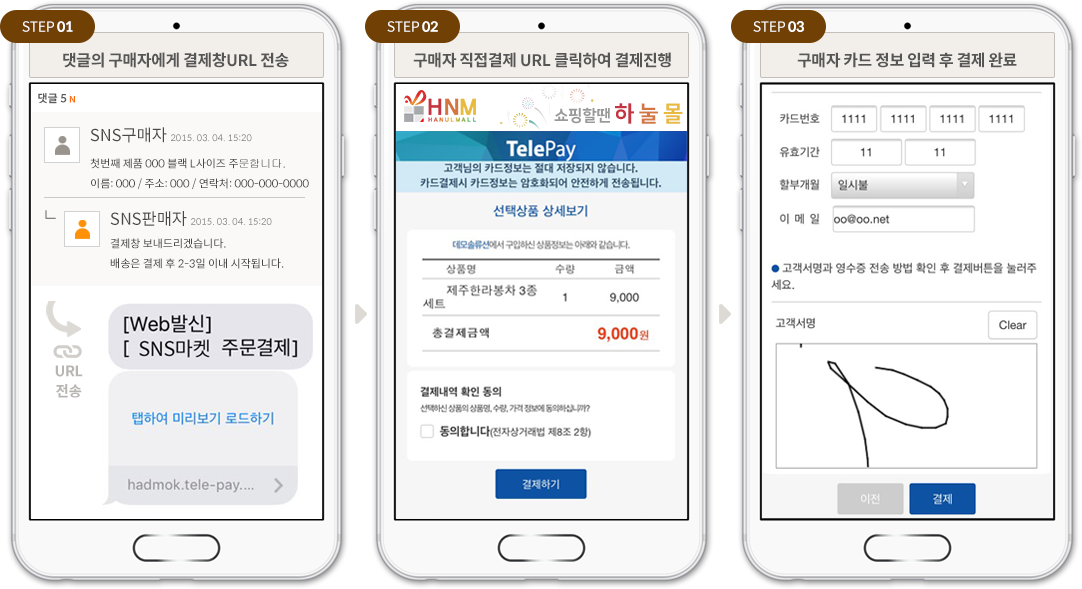 SNS 고객 직접결제 3단계: 결제창URL 전송, URL 클릭하여 결제, 카드 정보 입력 후 결제 완료